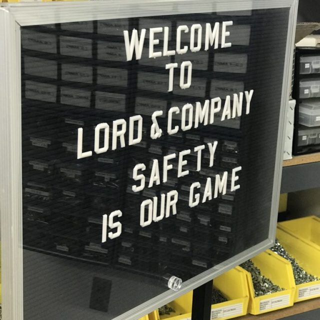 Sign with the words: welcome to Lord & Company safety is our game