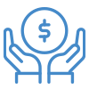 blue outline of hands holding a money symbol